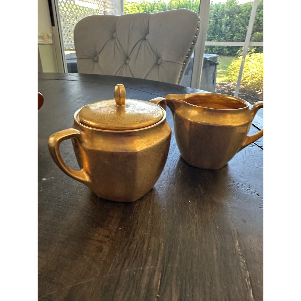 Vintage Gold Etched Floral Porcelain Creamer & Covered Sugar Bowl Set 11327 EUC
